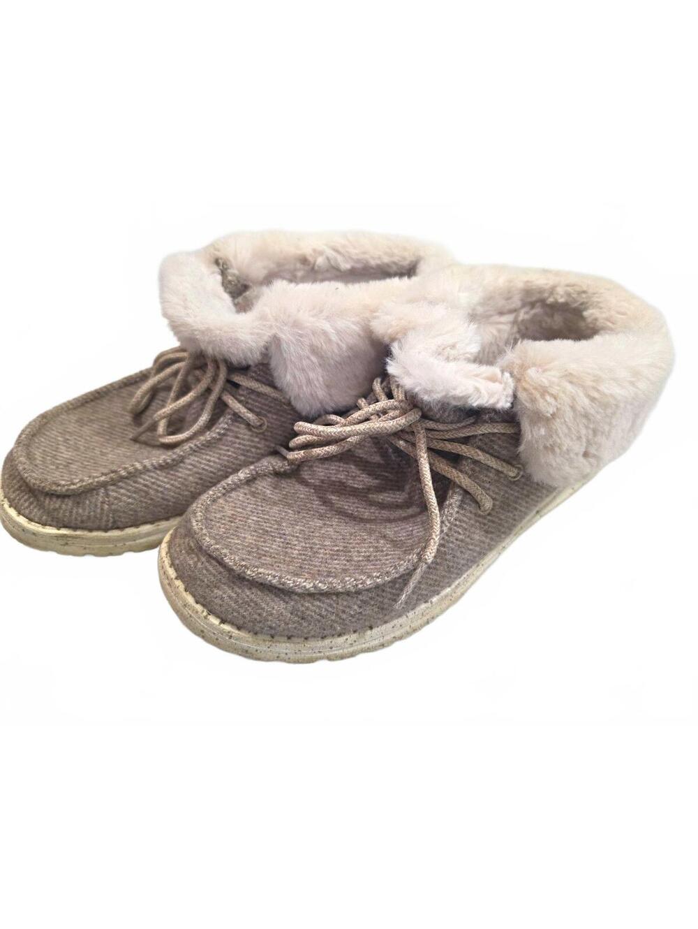 Hey Dude Britt Women's Ankle Bootie Lace-Up Faux Fur Lined Canvas Gray US 7